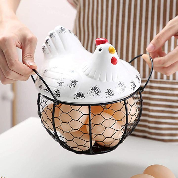 Egg Basket, Wrought Wire Restaurant Basket,Kitchen Hen Decor (White)