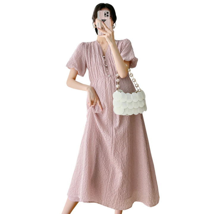 8237#%202022%20Summer%20Korean%20Fashion%20Maternity%20Long%20Dress%20Elegant%20A%20Line%20Loose%20Clothes%20for%20Pregnant%20Women%20Ins%20Pregnancy%20Postpartum%20-%20Image%205