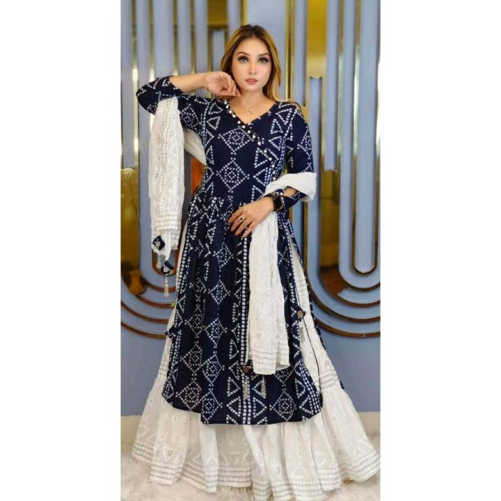 New Exclusive Designed Linen Screen Print Gown Poppon Work 3Piece Long Kurti For Stylish Women Girls Dress For Girls Dress For Girls 3 Pice Dress Three Piece Daraz .bd