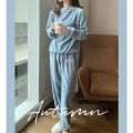 Autumn and Winter Coral Velvet Pajamas Women's Fleece-Lined Thickened Outer Wear Flannel Pajamas Pajama Pants Home Wear Warm Suit.