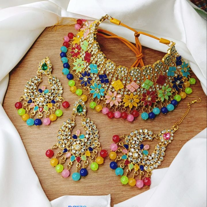 Bridal Gold Plated with pearl Necklace ,tikli with earring set for women