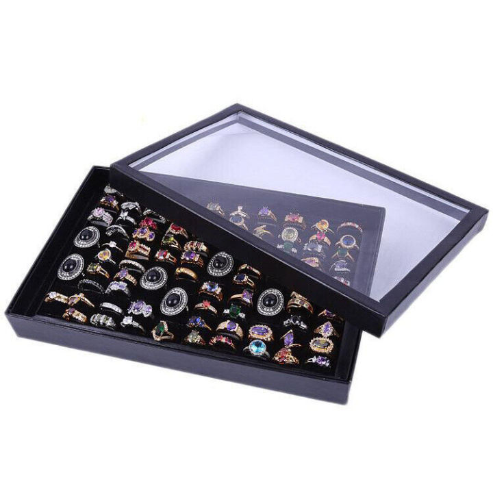 Premium quality 100 Slot Glass Black Velvet Jewelry Ring Case Display Store Storage Box Tray Organizer