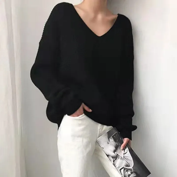 2024%20Autumn%20and%20Winter%20Korean%20Style%20V%20Collar%20Loose%20Lazy%20Style%20Simple%20Irregular%20Hem%20Pullover%20Sweater%20Bottoming%20Sweater%20for%20Women%20-%20Image%203