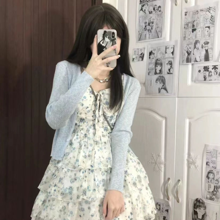 【Two-Piece Set】Summer Korean Style High-Grade Sweet Tie-Neck Strap Floral Dress for Women+All-Match Cardigan Fashion