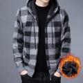 Men Sweater Jacket Fashion Winter Coat Fleece Hoodies High Quality Luxury Checkered Hooded Knit Cardigan Male Outer Wear. 