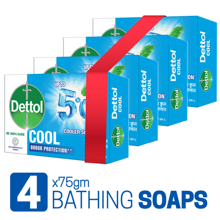 Dettol Soap Cool Quad Pack (75gm X 4), Bathing Bar Soaps with Crispy Menthol