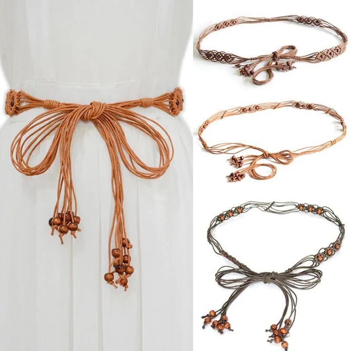 【Hey my home】New Fashion Belt Strap Bohemia Handmade Beads Braided Rope Knotted Tassels Belt Strap Dress Slim Waistband