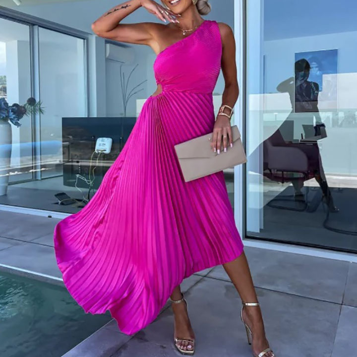 One Shoulder Out Asymmetric Dress Female Solid Color Slim Fit Evening Dress  Elegant Slant Collar Pleated Beach Dress | Daraz.com.bd