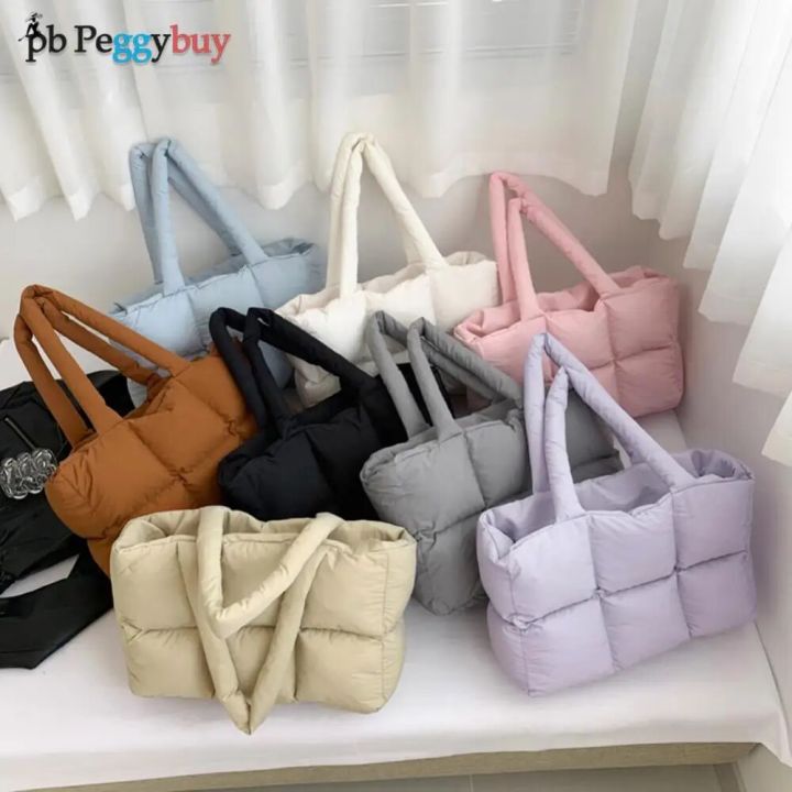 Women Padded Handbag Solid Color Quilted Puffer Shoulder Bag Large Capacity Soft Cloud Tote Bag Trendy Commuting Bags