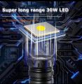 Rechargeable LED Flashlight with USB Output, 10W COB & 30W LED, 5000mAh Battery, Multi-Mode, 1500m Range, Universal Plug - New. 