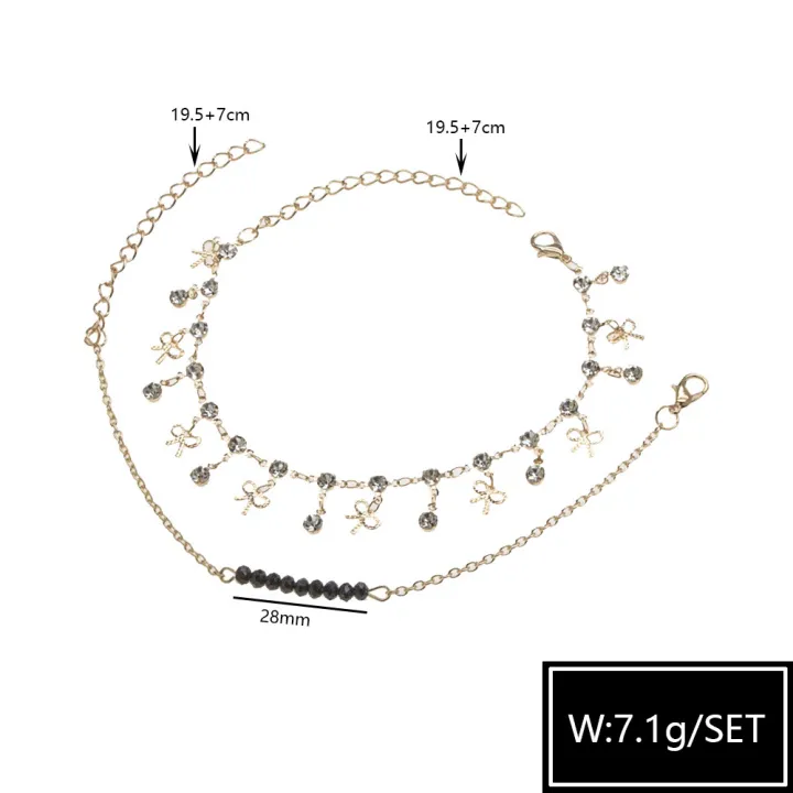 Cross-border%20hot%20selling%20foot%20ornaments%20European%20and%20American%20simple%20black%20crystal%20beads%20rhinestone%20bow%202-piece%20set%20double%20beach%20anklet%20women%20-%20Image%204