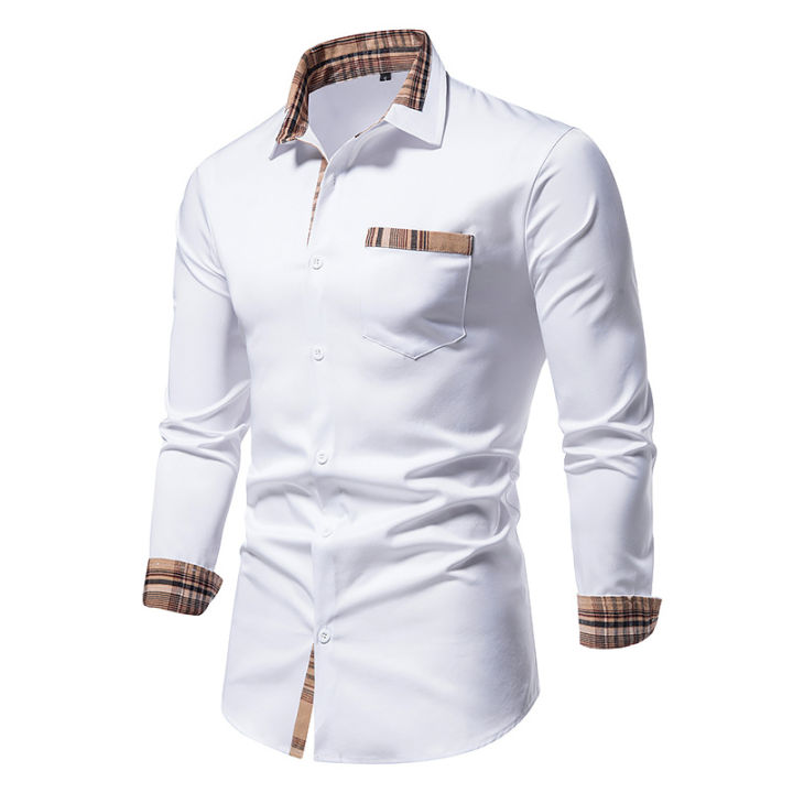 PARKLEES%202023%20Autumn%20Plaid%20Patchwork%20Formal%20Shirts%20for%20Men%20Slim%20Long%20Sleeve%20White%20Button%20Up%20Shirt%20Dress%20Business%20Office%20Camisas%20-%20Image%202