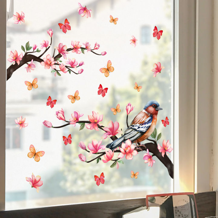 30*60cm Branch Bird Butterfly Glass Window Sticker Bedroom Study Kitchen Home Decorative Window Wall Sticker Wallpaper Ct4040