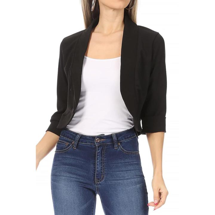 Women Casual Crop Blazer Outwear, Solid Color 3/4 Sleeve Breathable Cardigan Jacket