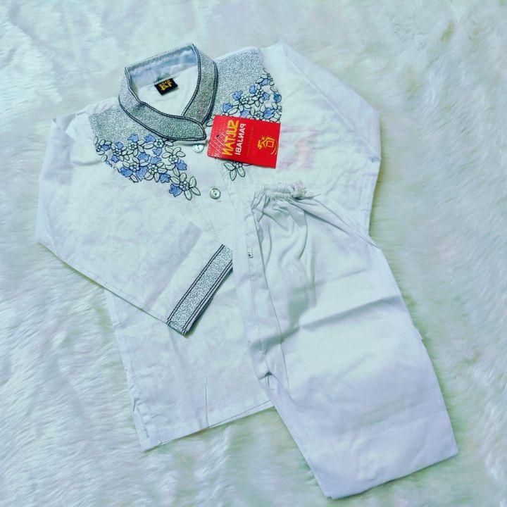 White colour cotton baby ambrodari work panjabi set/ eid special panjabi for baby