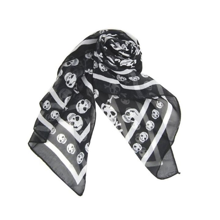 Black%20Chiffon%20Silk%20Feeling%20Skull%20Print%20Fashion%20Long%20Scarf%20Shawl%20Scaf%20Wrap%20For%20Women%20+%20Keyring%20-%20Image%202