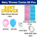 Baby Shower Combo: Golden Banner, Pink & Blue Balloons, Foil Curtain, Balloon Arch, Both Side Tape - Full Decoration Package - (65 Pcs).