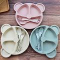 【linfang store】3pcs/Set Baby Dinner Plate Bowl Spoon Fork Feeding Set Tableware Cartoon Bear Shaped Kids Divided Dishes Eating. 