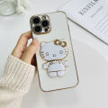 FELMYST Hello Kitty Holder Case For Realme 9i 5G Fashion Cute kitten Mirror Brand Luxury Stand Mobile Phone Casing Square Girl Boy Men Gift Shockproof Back Soft Cover.