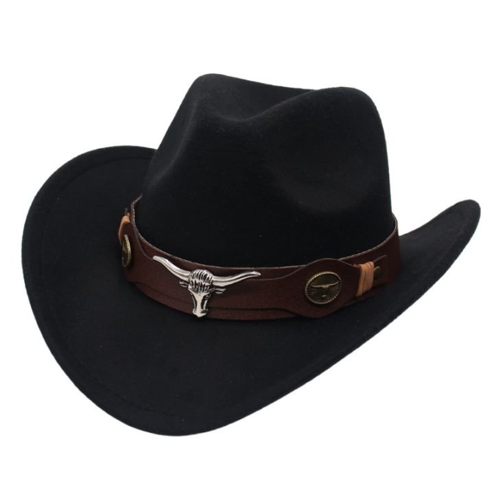 Western Men's Cowboy Hat for Women 2024 Winter Autumn Black Wide Brim Bull Head Cowboy Man Felt Hats Jazz Cowgirl Caps
