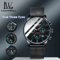 LouisWill Men Watch True Three Eyes Wristwatch Quartz Chronograph Watch Stainless Steel Mesh Belt Watch Luxurious Business Fashion Watch Waterproof Watch with Calendar Luminous Pointer Watches for Men. 