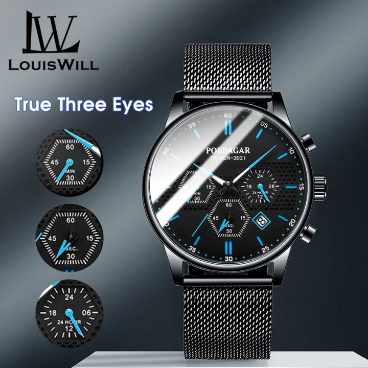 LouisWill Men Watch True Three Eyes Wristwatch Quartz Chronograph Watch Stainless Steel Mesh Belt Watch Luxurious Business Fashion Watch Waterproof Watch with Calendar Luminous Pointer Watches for Men