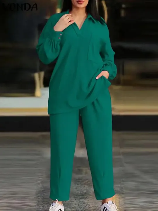 Women%20Matching%20Sets%20Fashion%20Pant%20Sets%20Autumn%20Long%20Sleeve%20Elegant%20Lapel%20Tops%20and%20Wide%20Leg%20Pants%20Solid%20Casual%20Suits%20-%20Image%203