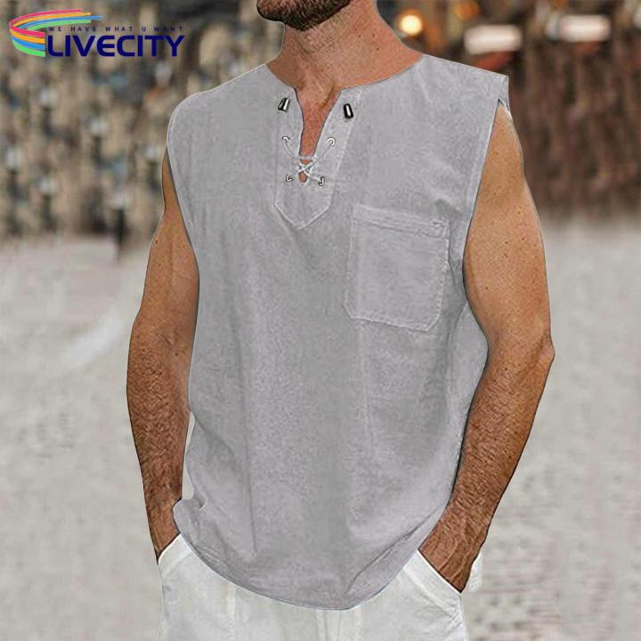 Sleeveless%20Tee%20Shirt%20Stylish%20Men's%20V-neck%20Le-up%20Ta%20Tops%20Sleeveless%20Solid%20Color%20Shirt%20with%20Patch%20cket%20Trendy%20Stwear%20-%20Image%207