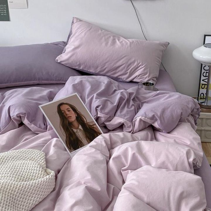 Four-Piece%20Set%20Contrast%20Color%20Japanese%20Style%20Style%20Washed%20Cotton%20Solid%20Color%20Double%20Stitching%20Simple%20Style%20Duvet%20Cover%20One-Piece%20Bed%20Sheet%20Dorm%20Bedding%20-%20Image%203