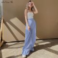 Blue Women High Waist Wide Leg Pants Ladies Casual Loose Casual Trousers Female Pleated Button Trousers Floor-Length. 