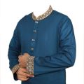 Men's Premium Quality Dark Cerulean Embroidery Semi Long Panjabi with Snap Button By Panjab Corner. 