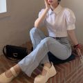 Korean Fashion Women's Shirt Summer Elegant Youth Blouses Clothes Preppy Puff Sleeve White Shirts Cropped Cute Top 2023. 
