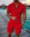2023 New Men's Suit 3D Color Stitching Print Summer Short Sleeve Polo Shirt Shorts Suit Fashion Zipper Polo Shirt Two Piece Set.