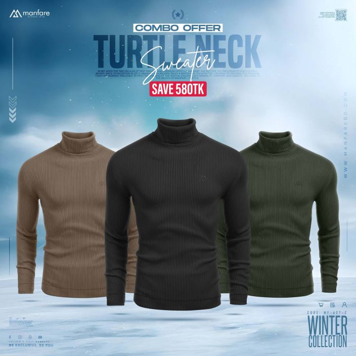 Turtle Neck Premium Rib Fabrics Sweater For Men I MF-627 | 3 Pcs Combo Offer I Save 1050tk