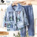 New Kids Boys Girls Autumn Winter Flannel Pajama Sets Cute Cartoon Long Sleeve Lapel Tops with Pants Baby Sleepwear Clothing. 