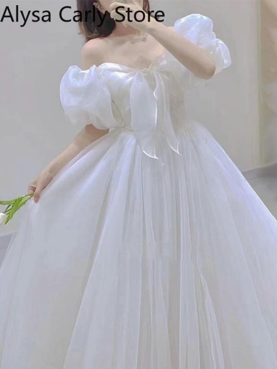 White Elegant Sweet Princess Dress Women Bow Puff Sleeve Korean Kawaii Midi  Dress Female 2022 Autumn Casual Evening Party Dress | Daraz.com.bd