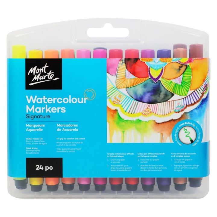 Mont Marte Watercolour Markers 24 Vibrant Colours 4mm Point Fast Flowing Ink Quick Drying