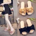 Platform sandals, wedge heels, women's fashion, summer new Korean slippers, heel sandals, loose cake bottom, bow.