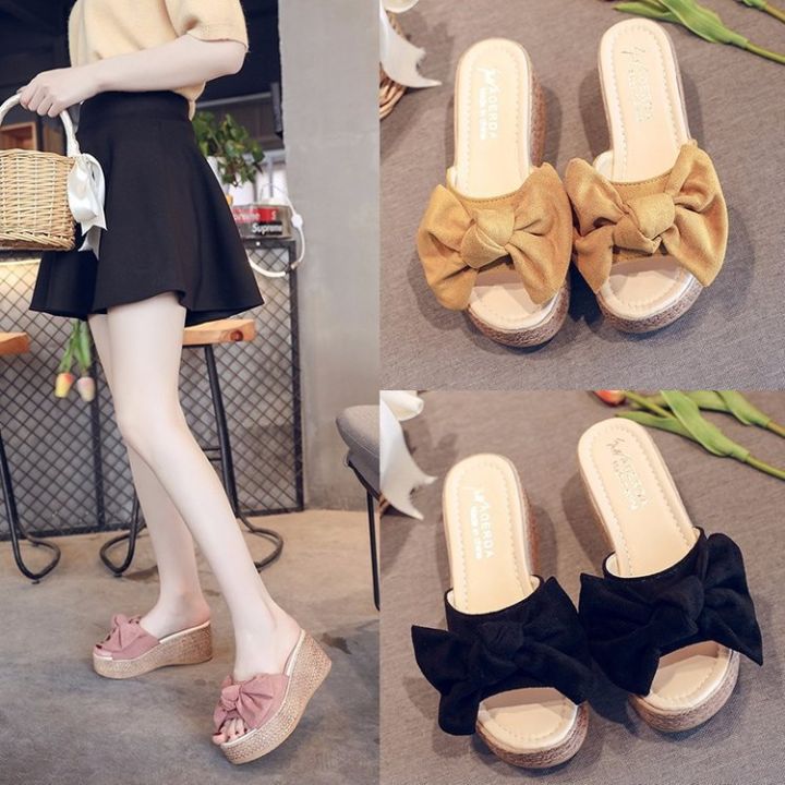Platform sandals, wedge heels, women's fashion, summer new Korean slippers, heel sandals, loose cake bottom, bow