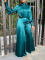 Women Satin Silk Jumpsuits Turtleneck High Waisted Playsuit Long Sleeve Long Romper Wide Leg Pant Overalls.