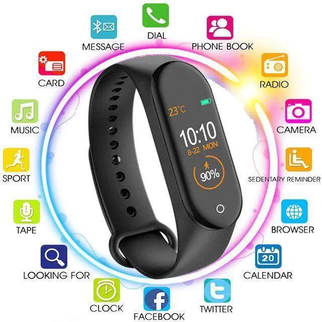 Global Version M4 Fitness Bracelet Smart watch LED Color Touch Screen Smart  Wristband Black
