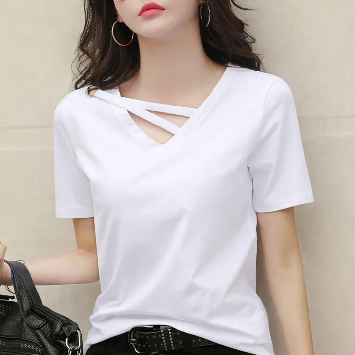 Women's%20Short%20Sleeve%202022%20New%20Summer%20Solid%20Color%20T%20Women's%20T-shirt%20V%20Collar%20Loose%20Korean%20Style%20Hollow%20Top%20Casual%20ins%20T-shirt%20Fashion%20-%20Image%202