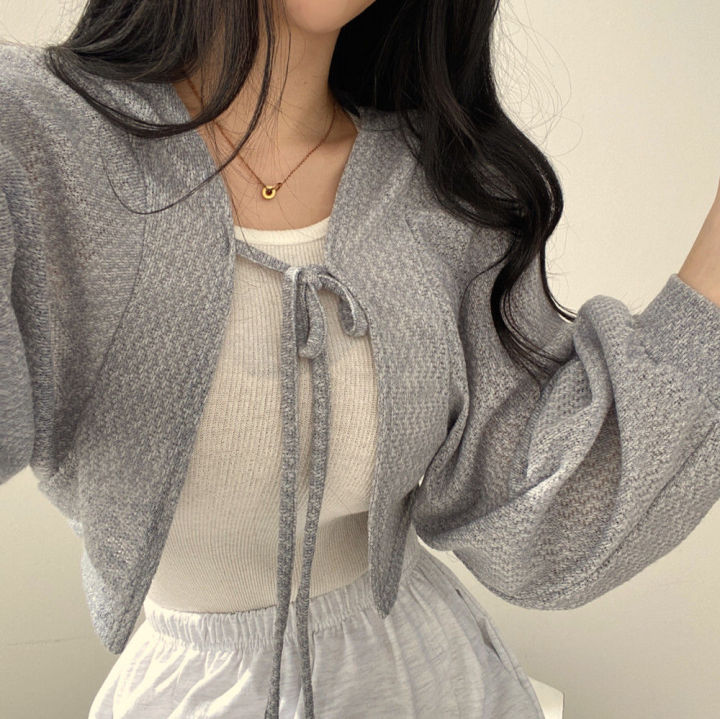 Thin%20White%20Cardigan%20Bandage%20Lantern%20Sleeve%20Short%20Coat%20Pull%20Femme%20Knitwear%20Top%20Girl%20Cardigan%20Korean%20Style%20Casual%20T%20Shirt%20-%20Image%203