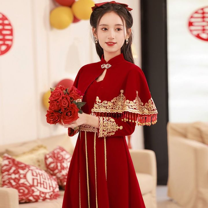 Chinese%20Toast%20Gown%20Winter%20Bride2023New%20Red%20Simple%20Style%20Xiuhe%20Engagement%20Dress%20Women%20-%20Image%202