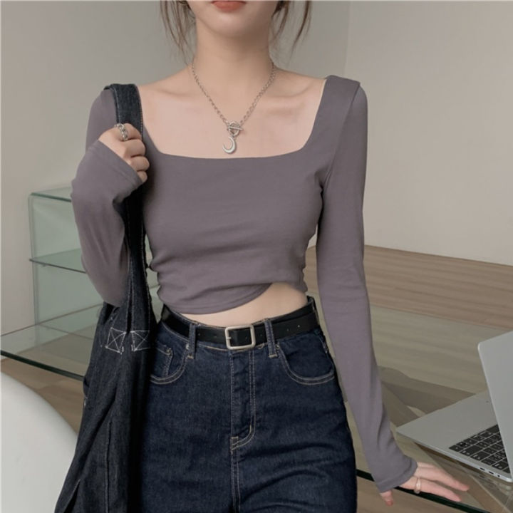 Early%20Autumn%20Hot%20Girl%20Square%20Collar%20Short%20Top%20for%20Women%202024%20New%20Korean%20Style%20Fitted%20Bottoming%20Bottoming%20Shirt%20Long%20Sleeve%20T%20T-shirt%20Women's%20Fashion%20-%20Image%206