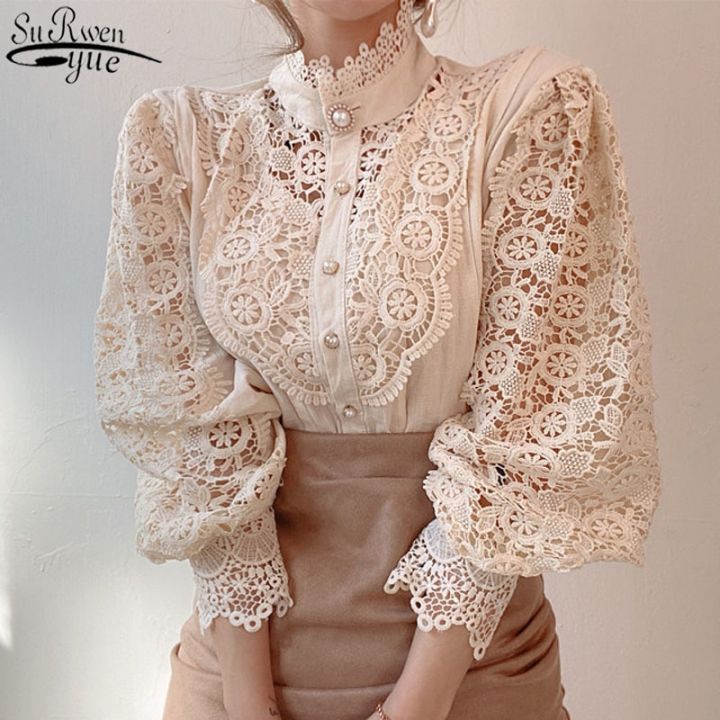 Chic%20Button%20Hollow%20Out%20Flower%20Lace%20Patchwork%20Shirt%20Stand%20Collar%20All-match%20Femme%20Blusas%20Petal%20Sleeve%20Women%20Blouses%2012419%20-%20Image%203
