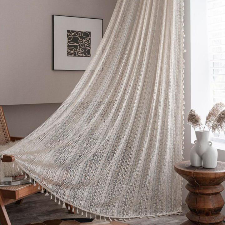 America Beige Cotton Window Curtain with Tassels Decorate Valance The Luxury Living Room Bedroom Kitchen Easy Drape Curtains