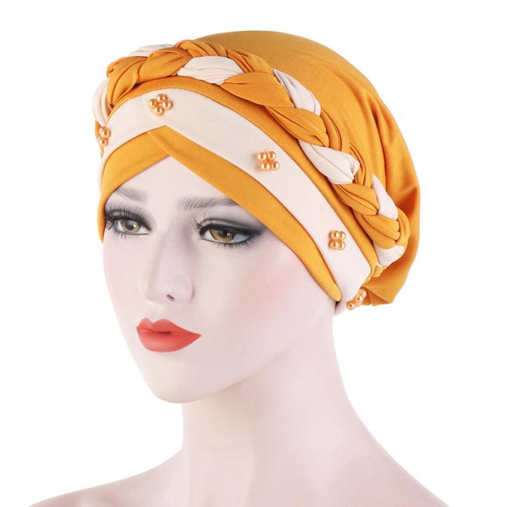 Women Twisted Braid Turban Hat Hijab Cap Beading Hair Head Cover Headwear