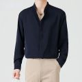 2023 New High Quality Korean Fashion Stand Collar Shirt Men Long Sleeve Solid Color Business Casual Loose Simple Shirts for Men.