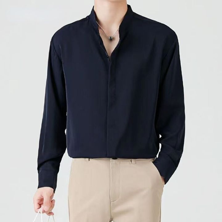 2023%20New%20High%20Quality%20Korean%20Fashion%20Stand%20Collar%20Shirt%20Men%20Long%20Sleeve%20Solid%20Color%20Business%20Casual%20Loose%20Simple%20Shirts%20for%20Men%20-%20Image%203